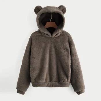 Tricou pentru Femei de Iarnă Cald Pufos de Plus 2021 Maneca Lunga Femei Fleece Hanorac Caldă Forma de Urs Fuzzy Hoodie Pulover