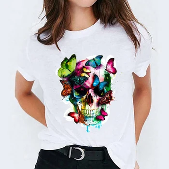 Tricou pentru Femei de Imprimare Florale Kawaii Craniu Fluture Halloween Imprimare Doamna T-shirt Femei Tee Top Femei Graphic T-Shirt