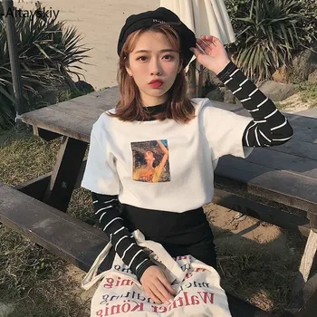 Tricouri Femei cu Maneci Lungi Chic Tipărite Guler cu Dungi Loose Toate-meci de Agrement Stil coreean Ulzzang Elevii Harajuku Femei