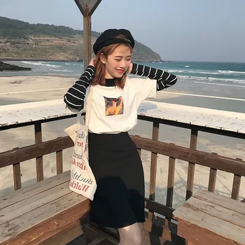 Tricouri Femei cu Maneci Lungi Chic Tipărite Guler cu Dungi Loose Toate-meci de Agrement Stil coreean Ulzzang Elevii Harajuku Femei