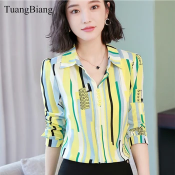 TuangBiang Toamna anului 2018 Femei de Imprimare cu Dungi Tricou femei Șifon Bluza Guler de Turn-down Maneca Lunga de culoare Europa Topuri camisa