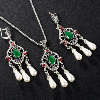 Turcă Bijuterii Mozaic Roșu Verde de Sus Rasina Cristal Argint Tibetan Nunta si Colier Pearl Earing Set Fete Coliere Pandantive