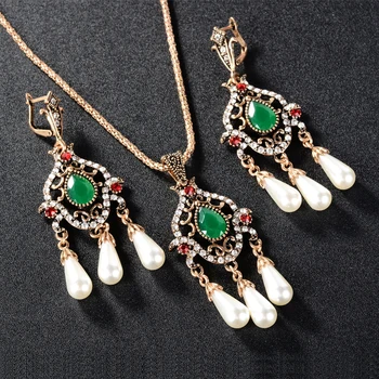 Turcă Bijuterii Mozaic Roșu Verde de Sus Rasina Cristal Argint Tibetan Nunta si Colier Pearl Earing Set Fete Coliere Pandantive
