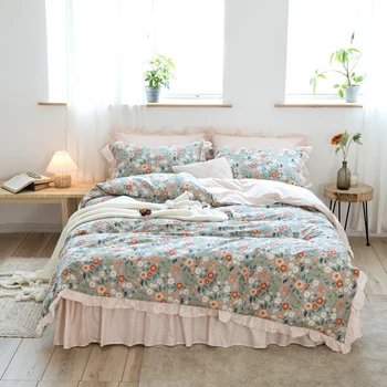 TUTUBIRD-Fete cu stil coreean pat fusta bumbac lenjerie de pat florale pastorală carpetă acopere twin regina king size cuvertură de pat