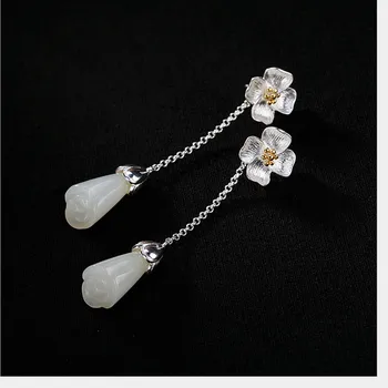Uglyless Reale Argint 925 Floare Handmade Cercei pentru Femeile Naturale de Jad Magnolia Florale Fine Bijuterii Pietre Brincos