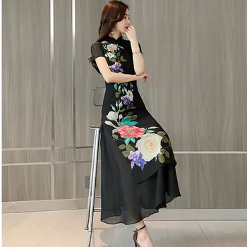 UHYTGF Noi de primavara-vara rochii femei de imprimare negru Retro cheongsam rochie Lunga stil Chinezesc femei Subțire rochie Plus dimensiune dresses80