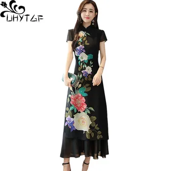 UHYTGF Noi de primavara-vara rochii femei de imprimare negru Retro cheongsam rochie Lunga stil Chinezesc femei Subțire rochie Plus dimensiune dresses80