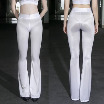 Ulei Glossy Lucios Flare Pantaloni Super-Subțire Transparent Vedea Prin Hot Sexy De Noapte Clubwear Aspect Umed Jambiere Înaltă Elastic Legging