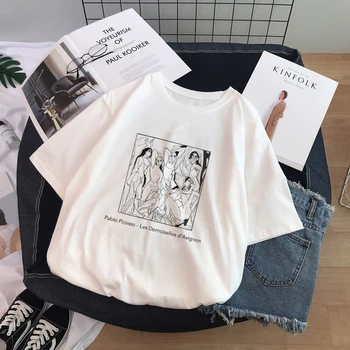 Ulzzang Harajuku Amuzant Desen Alb-Negru David Print Short Sleeve T-Shirt de Mari Dimensiuni Pierde O-gât Casual Femei T-Shirt