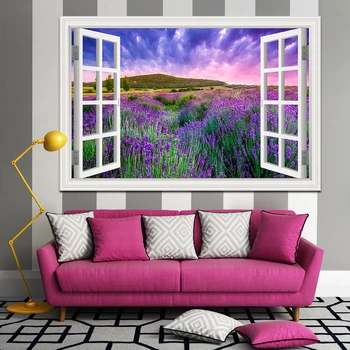 Una bucata en-Gros Violet Lavanda Peisaj Decal Vinil Wallpaper3D Vedere Fereastra de Perete Autocolant decor cameră adesivo de parede