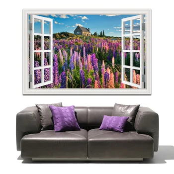 Una bucata en-Gros Violet Lavanda Peisaj Decal Vinil Wallpaper3D Vedere Fereastra de Perete Autocolant decor cameră adesivo de parede