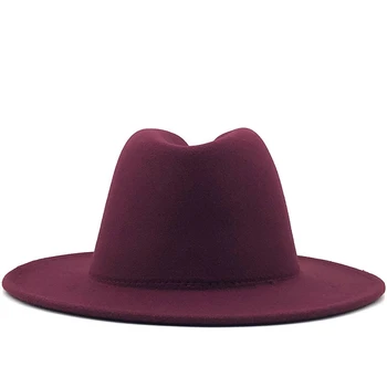 Unisex Exterior vin roșu Interior Roșu de Lână Simțit Jazz Pălării Fedora cu Curea Subțire Catarama Bărbați Femei Margine Largă Panama Trilby Capac 56-60CM