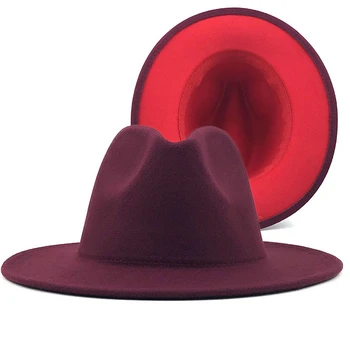 Unisex Exterior vin roșu Interior Roșu de Lână Simțit Jazz Pălării Fedora cu Curea Subțire Catarama Bărbați Femei Margine Largă Panama Trilby Capac 56-60CM
