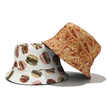 Unisex Reversibile Găleată Pălărie Sushi Hamburger Alimente de Imprimare Margine Largă Pescar Capac F3MD