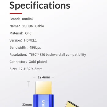 Unnlink compatibil HDMI 2.1 Cablu 1.8 M 8K@60Hz 4K@120Hz 2K@144Hz HDR 48Gbps HDCP2.2 7.1 pentru Splitter trece PS4 TV xbox Calculator