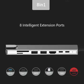 USB-C Hub Aliaj de Aluminiu 8 in 1 Multi HD USB 3.0 Adaptor PD Încărcare SD & TF Card Reader RJ45 Adaptor Pentru MacBook Pro Air