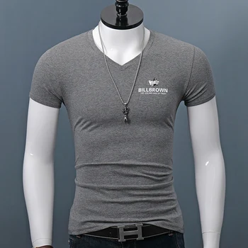 V-Neck Maneca Scurta Tricou Bărbați Vară Bumbac Imprimat Elastic Subțire Tricouri Moda Topuri Supradimensionate