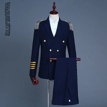 VAGUELETTE Dublu Rânduri Pilot Costum Barbati Bleumarin/ Alb, Smoking Nunta Mens Costume Cu Pantaloni Avion Căpitanul Etapă Purta 2XL
