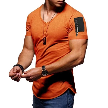 Vara brand de moda subțire cu mânecă scurtă tricou barbati braț cu fermoar fitness V-gât pentru bărbați t-shirt din bumbac top casual tricou marimea M-3XL