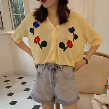 Vara Butonul De Sus Coreea Drăguț Pulovere Trunchiate Cardigan Femei Culturilor De Tricotat De Sus Streetwear Pulover Tricotate