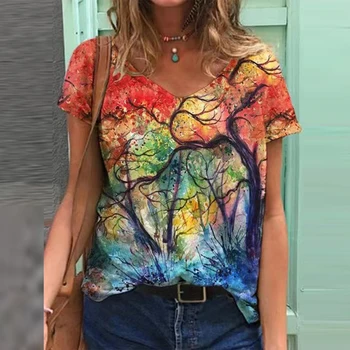 Vara Copac plin de culoare Tipărite Femei Tricou Bluza Eleganta V Gatului Maneca Scurta Casual Tricouri & Topuri de Primăvară Liber Streetwear Blusa