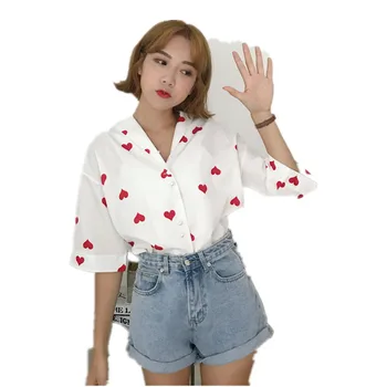 Vara coreeană Versiunea de sex Feminin Bluza de Vânt roșu Piersică Perla Buton de Cămașă Elevii Place Jumătate cu Mâneci Jos Tricou Femei