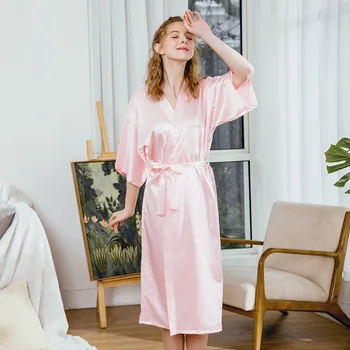 Vara Faxu Pijamale De Mătase Domnișoara De Onoare Lung Roșu Mireasa Rochiile De Dimineață Homewear Jumătatea Vițel Halat De Noapte Sexy Sleepwear Solid Haina Din Satin