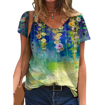 Vara Femei Florale Imprimare Tricou Maneci Scurte Largi Casual V-Neck 3D Digitale de Imprimat Tricouri Femei Streetwear Topuri Femme