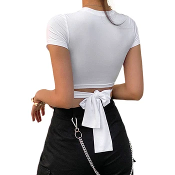 Vara femei pe Gât Rotund Alb de Sus Bandaj Subțire Scurt Buric T-Shirt Deschide Buric Strâns Sexy Top Scurt