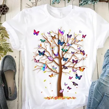 Vara Femeile Butterfly Tree Print Tee Topuri cu Maneci Scurte O-gat Femei T-Shirt Casual Stil Subțire de sex Feminin T-Shirt Z0615