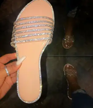 Vara Femeile De Bază Sandale Diamante De Cristal Strălucitor Slip-On Taie Doamnelor Sandale Plate În Aer Liber, Vacanță Diapozitive 9070
