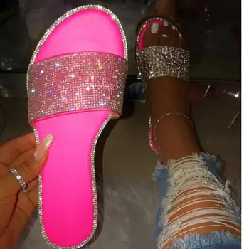 Vara Femeile De Bază Sandale Diamante De Cristal Strălucitor Slip-On Taie Doamnelor Sandale Plate În Aer Liber, Vacanță Diapozitive 9070