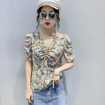 Vara Imprimeu Floral Pentru Femei Bluza Bluze Sifon Mâneci V Gâtului Plajă Tricou Munca De Birou Tricouri Blusas Feminina Sus Plus Dimensiune