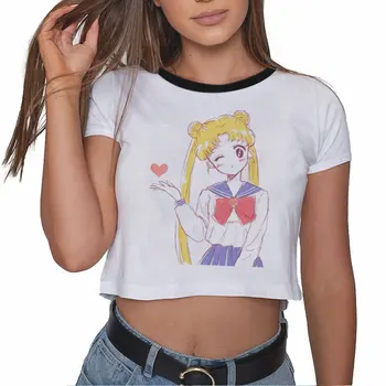 Vara Moda Harajuku Sexy Rezervor Crop Top Alb Tricou Haine Femei Amuzant de Desene animate Sailor Moon Imprimare 90 Croptop Maneci Scurte