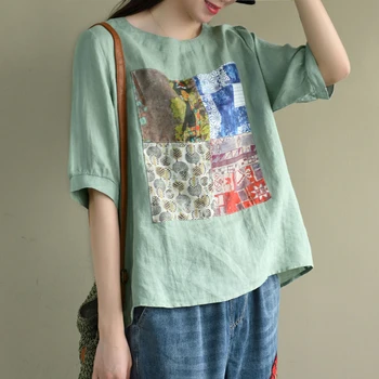 Vara Nou Stil de Arte Femei Maneci Scurte Largi Arc Spate Tricou Femme Lenjerie de pat din Bumbac Topuri Patchwork Print T-shirt Plus Dimensiune M139