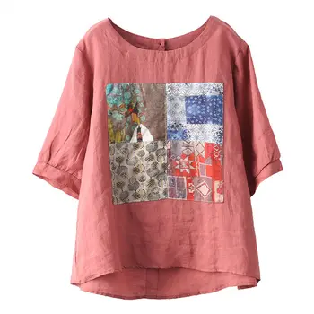 Vara Nou Stil de Arte Femei Maneci Scurte Largi Arc Spate Tricou Femme Lenjerie de pat din Bumbac Topuri Patchwork Print T-shirt Plus Dimensiune M139