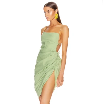 Vara Noua Moda pentru Femei Rochie Verde Curea de Spaghete Sexy Bodycon Draping Halter Lace-Up Mini Celebritate Rochie de Petrecere
