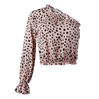 Vara Oblic Guler Full Sleeve Top Femei Sexy Leopard Print T Camasa Top 2020 Nou