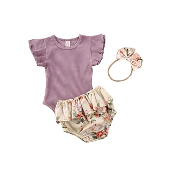Vara Pentru Copii Îmbrăcăminte Copil Nou-Născut Fată Ciufulit Cu Nervuri Bodysuit Floral Pantaloni Scurți Bentita Fete Set