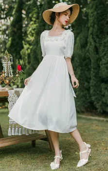 Vara Rochie Lunga Pentru Femei Slim Vintage Square Guler Cu Dantelă Pe Mâneci Prințesă Zână Rochii Vestido Robe Blanche