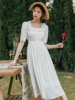 Vara Rochie Lunga Pentru Femei Slim Vintage Square Guler Cu Dantelă Pe Mâneci Prințesă Zână Rochii Vestido Robe Blanche