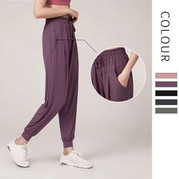 Vara Subțire uscare Rapidă Pantaloni Sport Femei Vrac de Funcționare de Fitness Pure-culoare Buzunar Mare-talie Agrement Pantaloni de Yoga