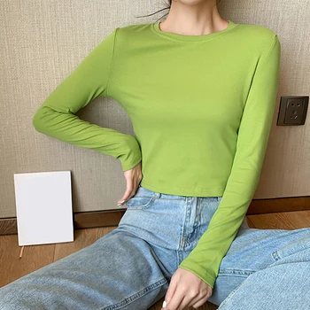 Vara Toamna Femei Solide Scurte T-Shirt Cu Maneca Lunga O-Gât De Sex Feminin Dulce Topuri Tricouri Casual Doamnelor Coreea Vogue Kawaii Tricou