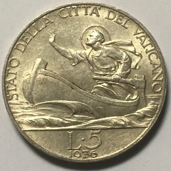 Vaticanul 1936 5 Lire Navigatie Monede de Argint 5g 23mm 83.5% Argint Reale Original Monede Monede Valutare Unc