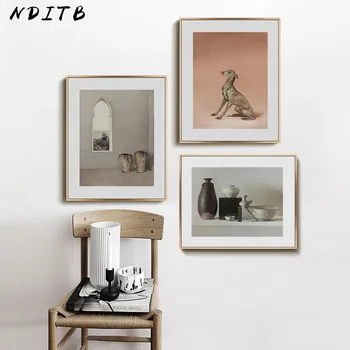Vaza Câine Încă de Viață Canvas Wall Art Print Abstract Epocă Poster Minimalist Pictura Decor de Perete Imagine pentru Camera de zi