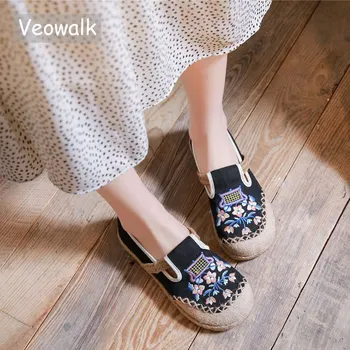 Veowalk Handmade Femei Casual Espadrile Pantofi Plat Japoneză Doamnelor Stil Casual-Lenjerie de pat din Bumbac Adidași Respirabil Slip-ons