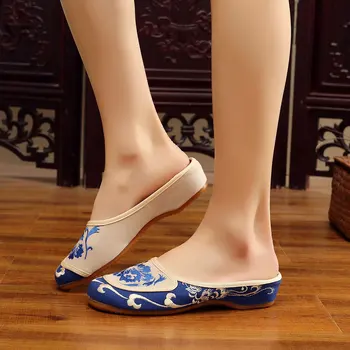 Veowalk Manual de Vară Femeile Confort Panza Papuci de casă Broderii Florale Chineză Beijing Vechi Slide Pantofi pentru Femei în Afara