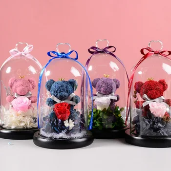 Veșnică Ursuleț de Trandafir Proaspete Flori În Cupolă de Sticlă Cu Lumină LED-uri Într-Un Balon Nemuritor Crescut de Ziua Îndrăgostiților, Ziua Mamei, Cadouri
