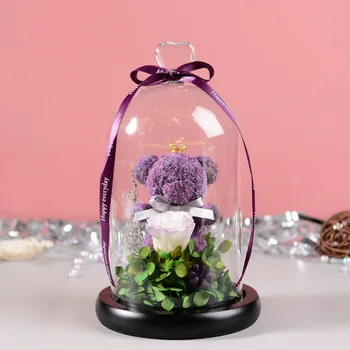 Veșnică Ursuleț de Trandafir Proaspete Flori În Cupolă de Sticlă Cu Lumină LED-uri Într-Un Balon Nemuritor Crescut de Ziua Îndrăgostiților, Ziua Mamei, Cadouri