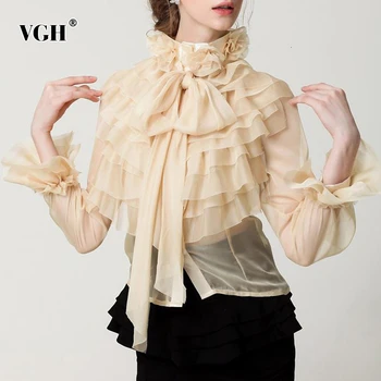 VGH Elegant Perspectivă Tricouri Femei Bowknot Flare Maneca Lunga Volane Camasa Bluza Pentru Femei Haine de Moda de Vară 2020 Maree